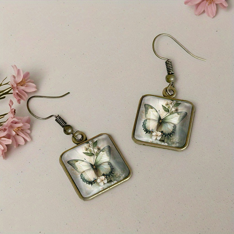 Vintage Square Earrings with Butterfly Oil Painting, Handmade